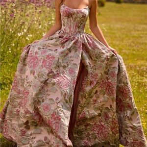 Sherri Hill Strapless Floral Gown in Pink and Green